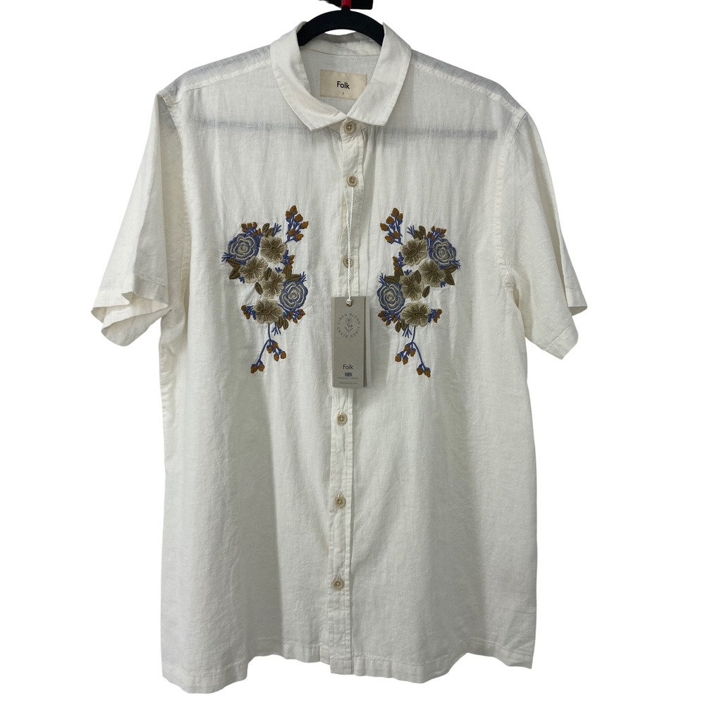 Folk Clothing Shirt Mens Large Ecru Stark Boho Floral Embroidered Linen Blend